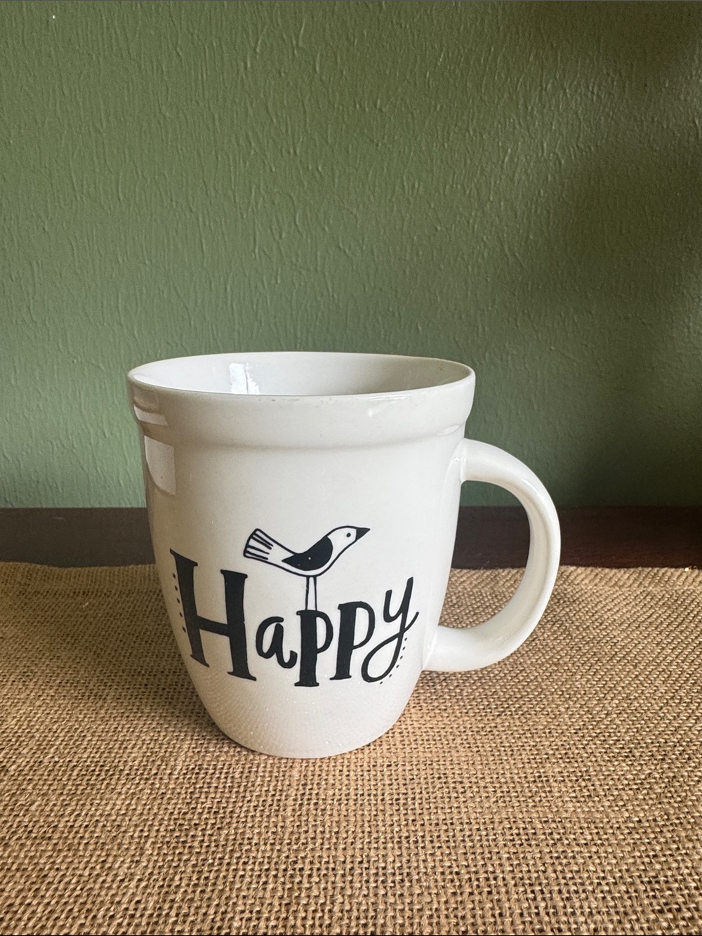 NATURAL LIFE White Ceramic Mug Black "Happy" Bird Graphic 12oz